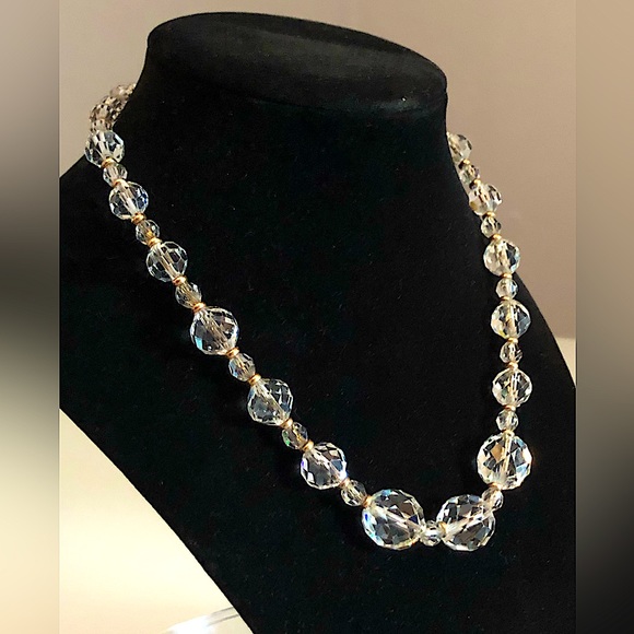 1930s Simmons Crystal Bead Necklace with Gold Filled Spacers on Gold Chain⨠- Picture 3 of 7